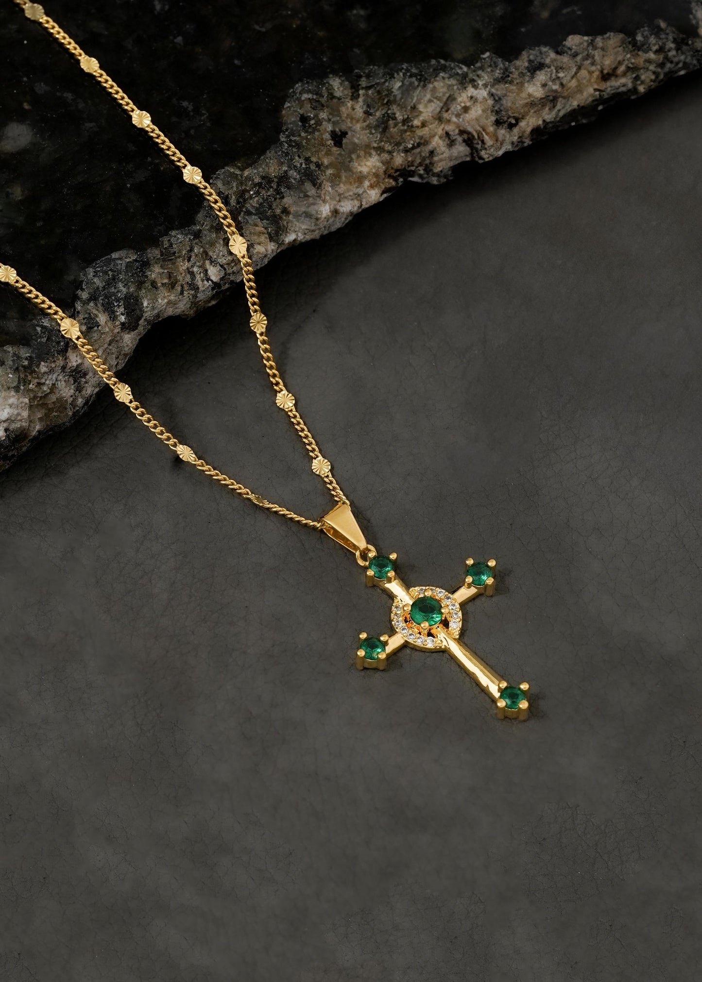 Cadena cubana sol 65cm + dije cruz verde