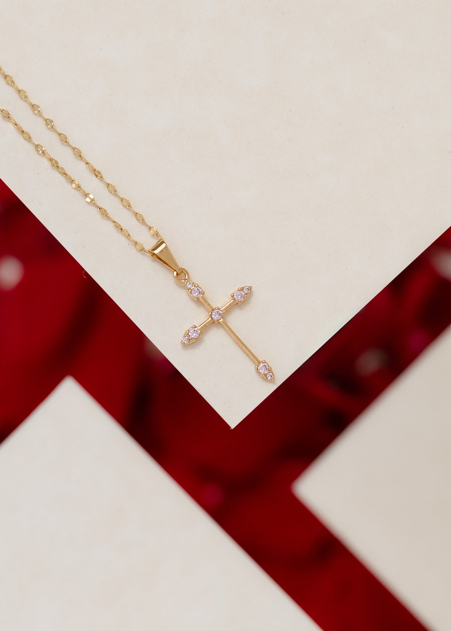 Cadena espejo mediana 45cm + Dije Cruz Tubular 9 circonias ROSADO