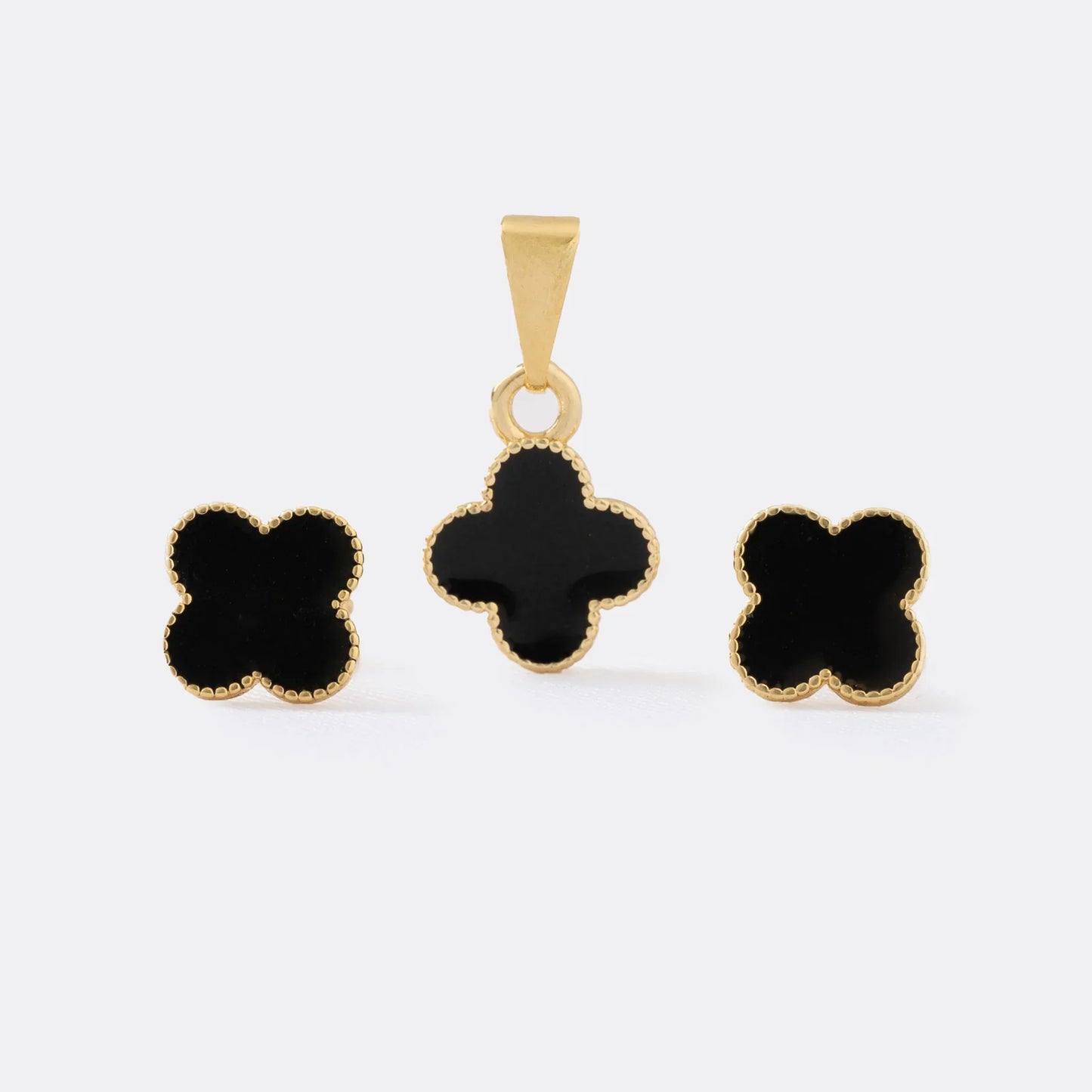 Conjunto Clover Negro 1cms (Topos + Dije)