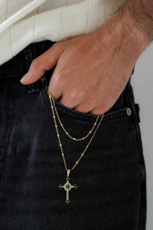 Cadena cubana sol 65cm + dije cruz verde