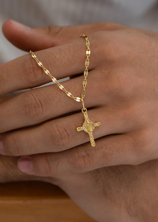 Cadena espejo cuadrada 65cm + dije cruz san Benito 2cms