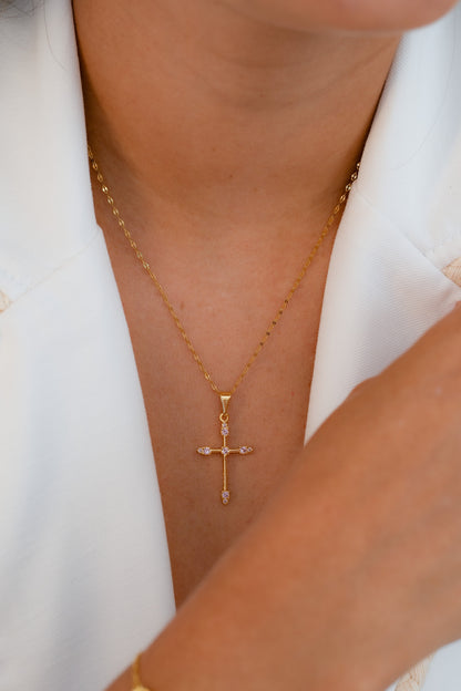 Cadena espejo mediana 45cm + Dije Cruz Tubular 9 circonias ROSADO