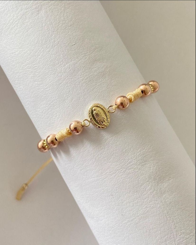 Pulsera dije Guadalupe con balines tono rosa #5, italiano #4